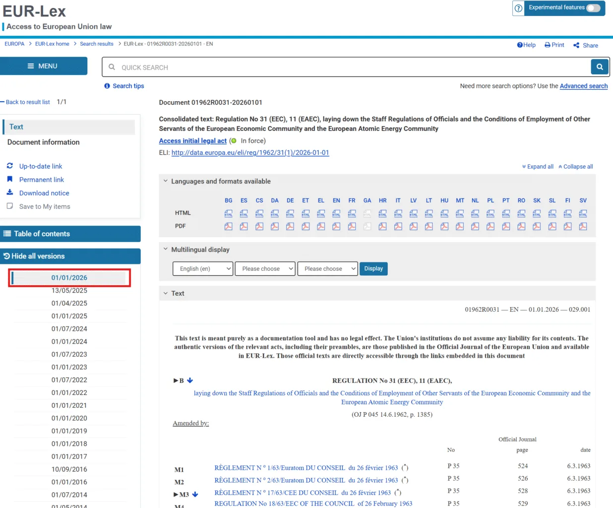 Screenshot of EU Staff Regulations version in force from 1 January 2026
