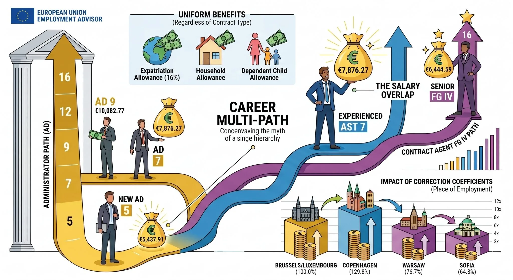 Salaries in EU institution by contract type: AD, AST, CA, AST/SC