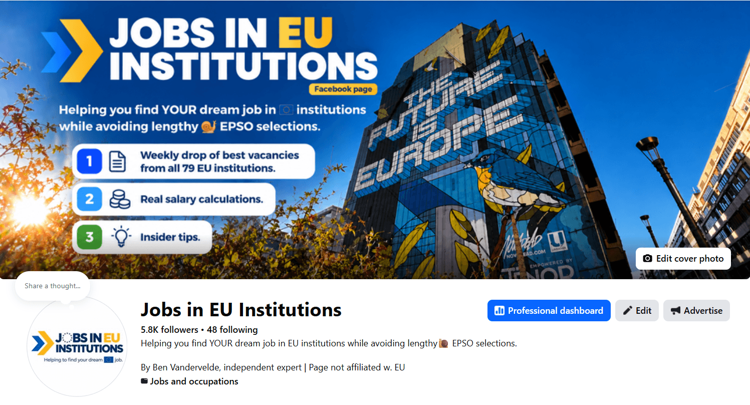 Jobs in EU institutions Facebook page screenshot